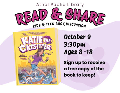 "Read & Share" title in magenta bubble letters. Below is the "Katie the Catsitter" book cover featuring an illustrated young girl running along side a group of cats on a yellow background. 