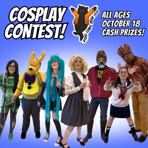 Cosplayers on a blue background