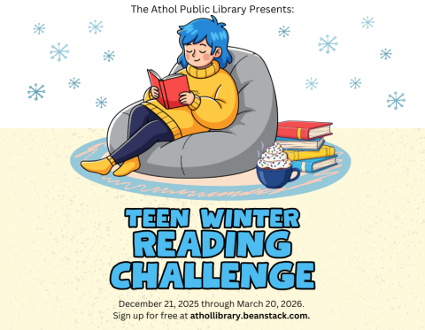 Teen Winter Reading Challenge with blue haired girl in yellow sweater sitting on a grey beanbag chain reading a book.