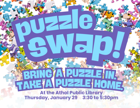 "Puzzle Swap!" in bright outlined lettering over a background of scattered colorful puzzle pieces