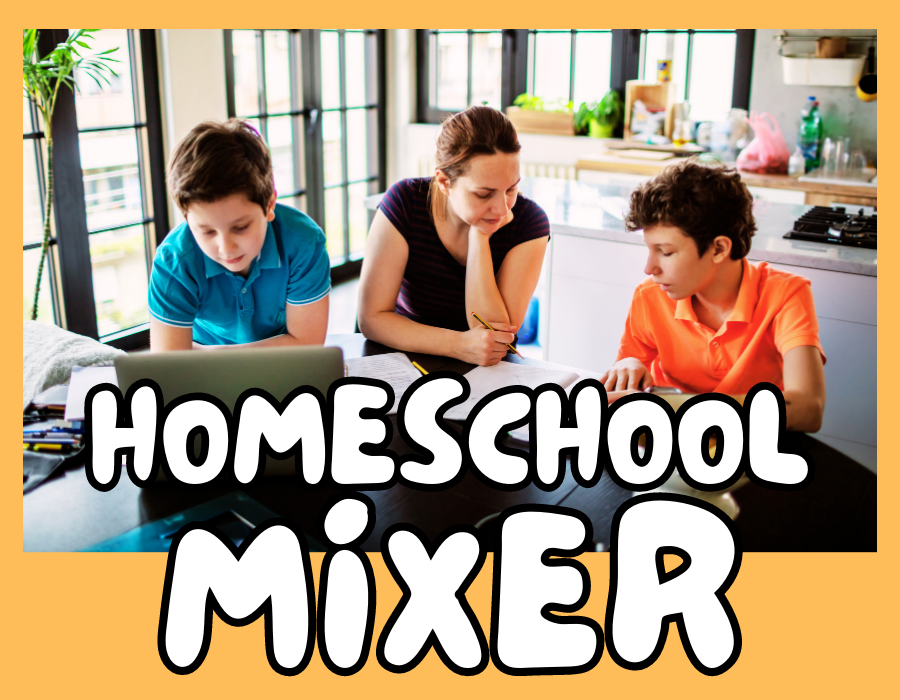 shows image of parent with two kids at kitchen table, looking at laptop. reads "homeschool mixer"