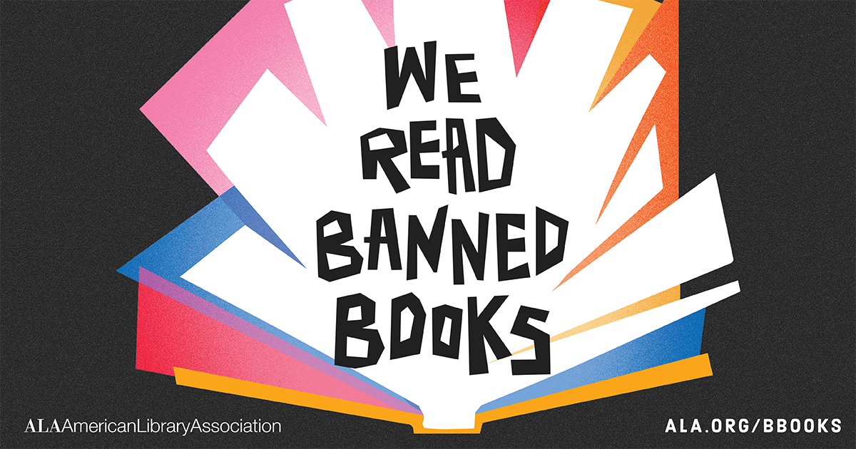 Colorful book with black text that reads "we read banned books"  