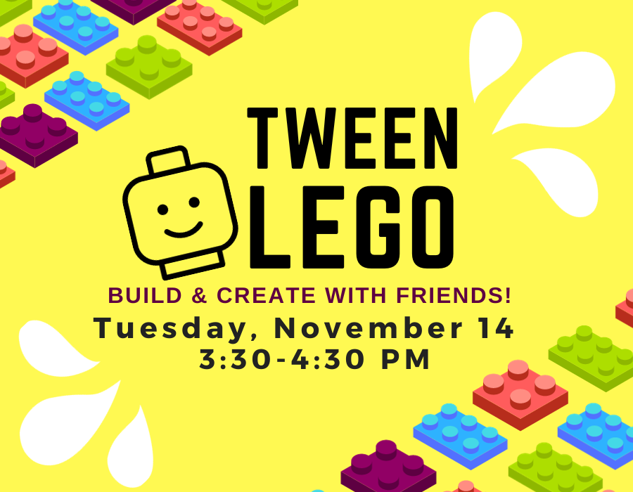 Yellow Tween LEGO graphic with colorful bricks along opposite corners and outlined LEGO figure head. 