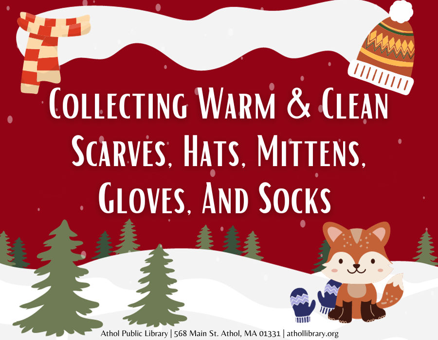 Collecting warm and clean scarves, hats, mittens, gloves, and socks. Picture of fox sitting next to gloves on a snowy hill. 