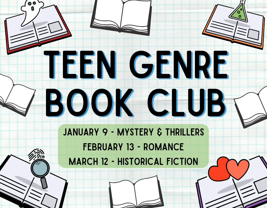 Teen Genre Book Club - border with books with ghost, magnifying glass, hearts, and beaker icons on top