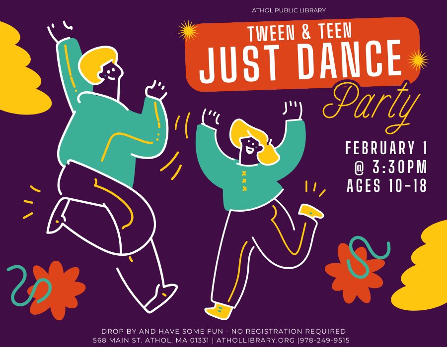 Cartoon figures dancing on purple background. With banner that reads "tween and teen Just Dance Party"