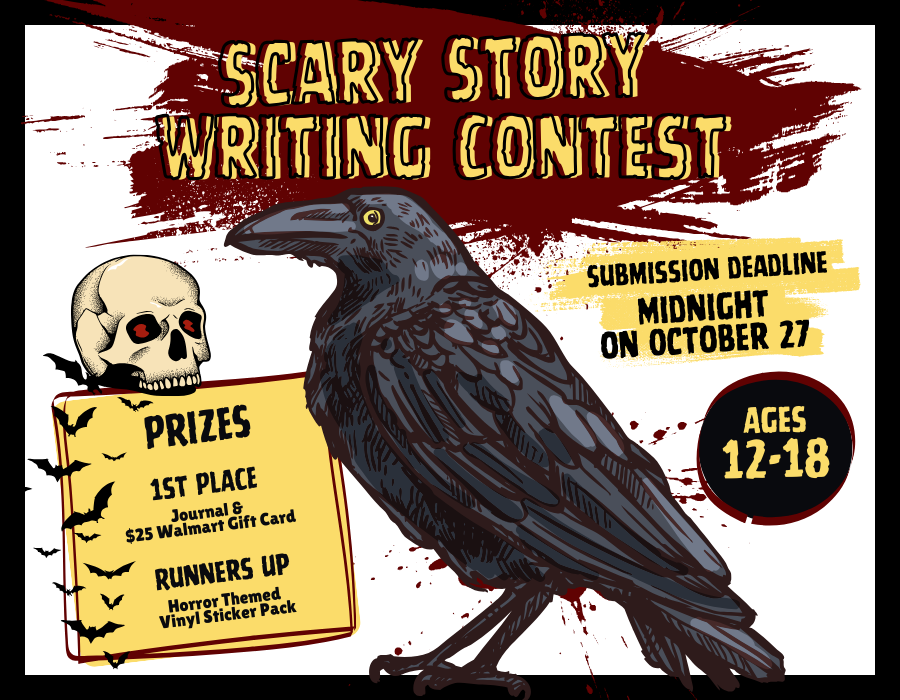 "scary story writing contest" in yellow font over dark red splotch. Centered image of raven in profile. 