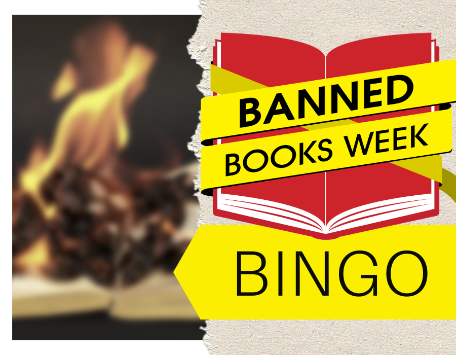 Banned Books Week with yellow bands of text overlayed on red book, next to image of burning book