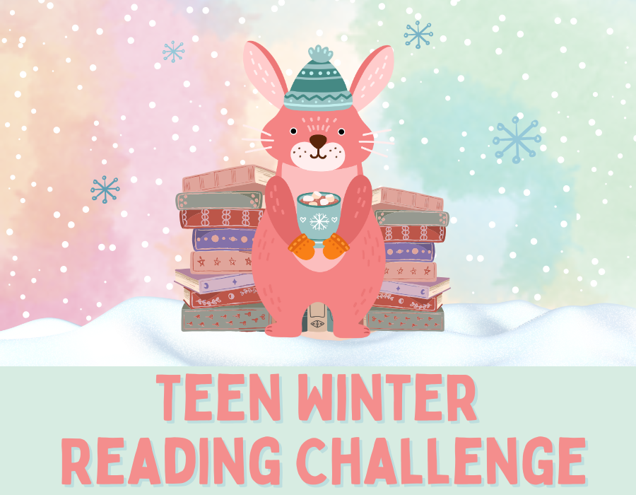 Teen Winter Reading Challenge with pink bunny holding a mug of coco in front of a stack of books