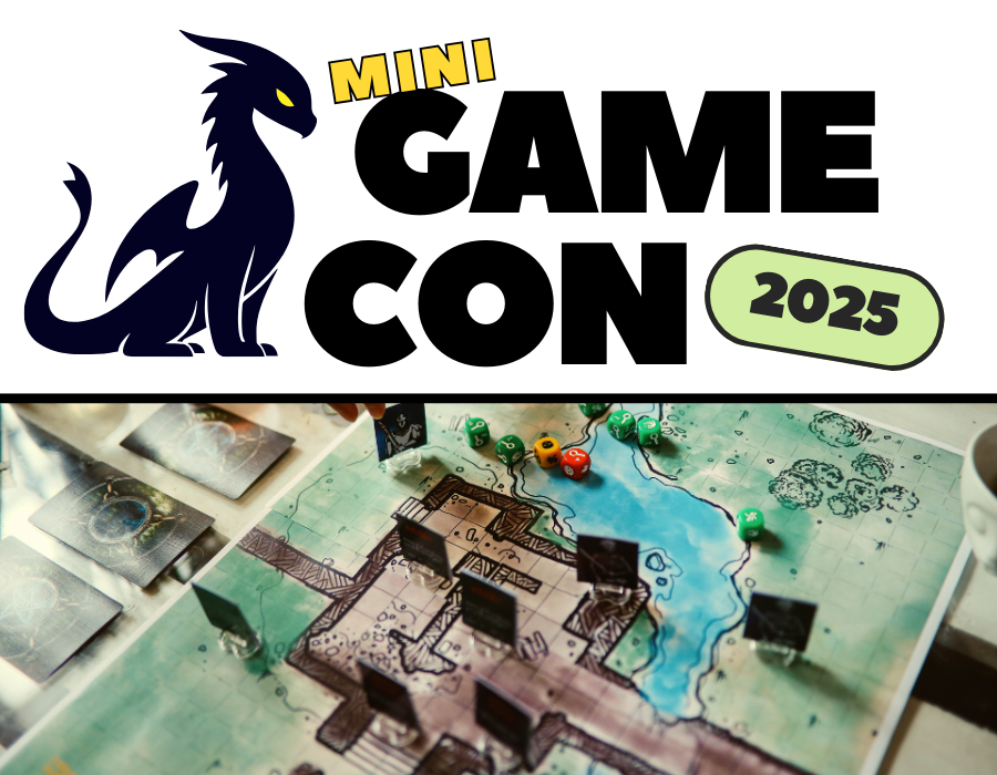 Mini Game Con 2025 with dragon icon and close up image or rpg game board. 