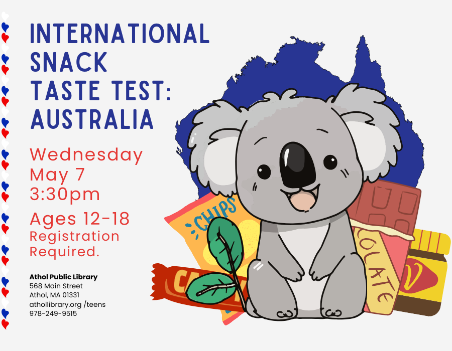 Illustration of Koala sitting in front of packages of snacks.  