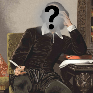 An image of Shakespeare with the face obscured by a question mark