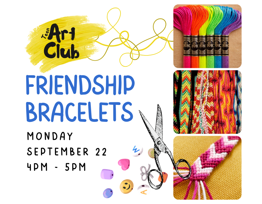 "Friendship Bracelets" in blue font next to a collum of photographs of braided bracelets. 