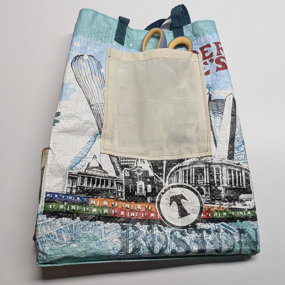 Grocery bag with patch pocket sewn on