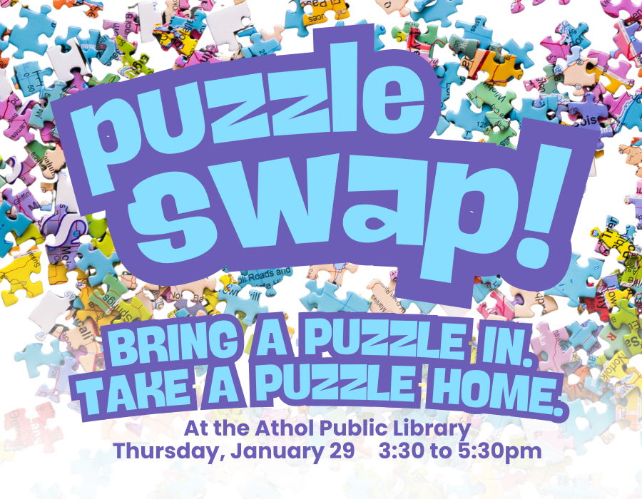 "Puzzle Swap!" in bright outlined lettering over a background of scattered colorful puzzle pieces